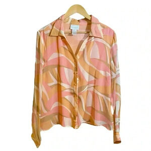 Worthington Women's Dress Shirt Button Down V-neck Multicolor Geometric Print XL